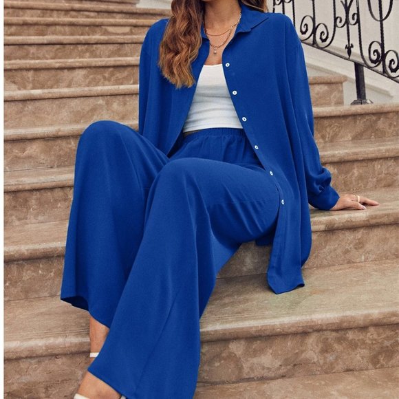 Frenchy  Drop Shoulder Button Front Blouse & Wide Leg Pants - Picture 2 of 8